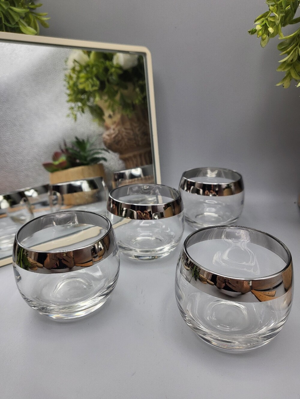 4 Roly Poly Cocktail Glasses w/ Sterling Silver Rims - Mid-Century Barware